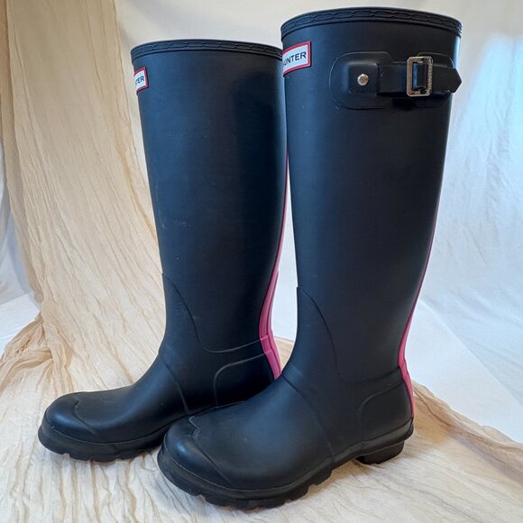 Hunter Women's Original Tall Rain Boots Black Pink (Matte) Size 8 - Picture 2 of 8